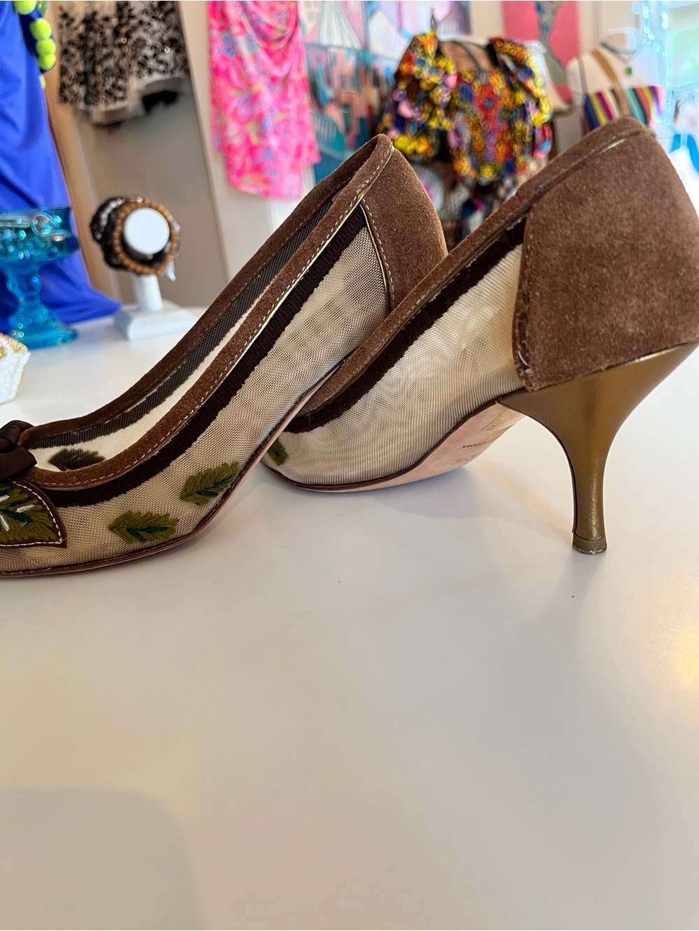 Miu Miu Brown Suede and Mesh Embellished Floral Pumps Size 5 1/2 - Picture 2 of 6